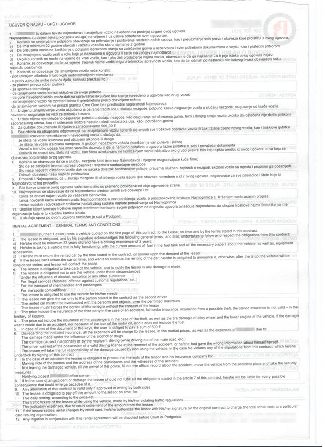 form of car rental agreement - second page